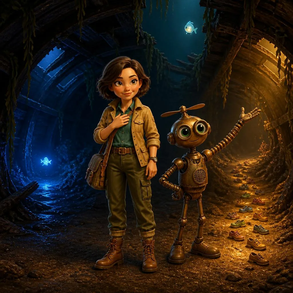Sue and her robot friend Tandy stand inside a shipwreck where two tunnels lead away